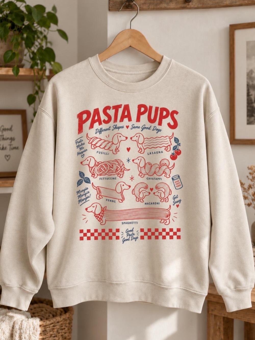 Pasta Pups Graphic Sweatshirt, Funny Dachshund Italian Dog Crewneck Sweater